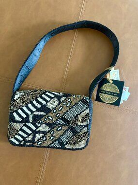 Black Gold Sparkle Geometric From India to You Beaded Shoulder Bag Purse NWT
